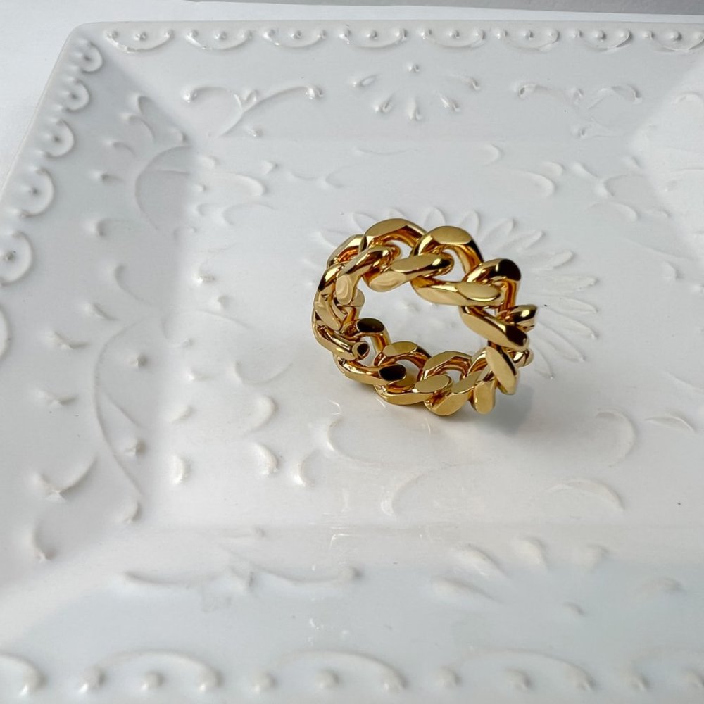 Gold Plated Cuban Chain Ring Gold Trendy Big Ring Size 7 - Picture 10 of 10